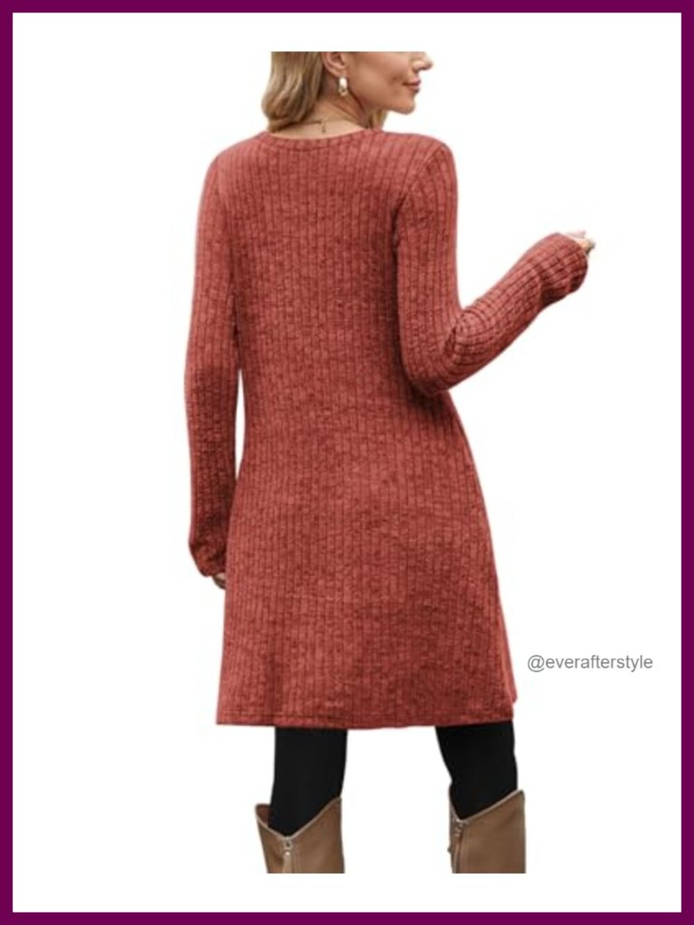 Ribbed Knit Long Sleeve A-Line Dress with Pockets Button Detail - Picture 4 of 4